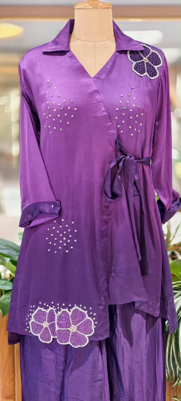 Modal Satin Ombre Shade Stylish Side Knot Collar Style Sequin Scattered Co-Ord Set- 16636