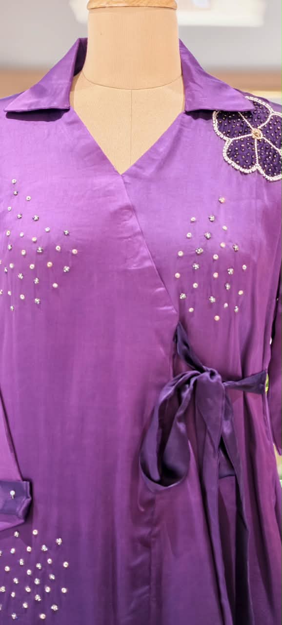 Modal Satin Ombre Shade Stylish Side Knot Collar Style Sequin Scattered Co-Ord Set- 16636