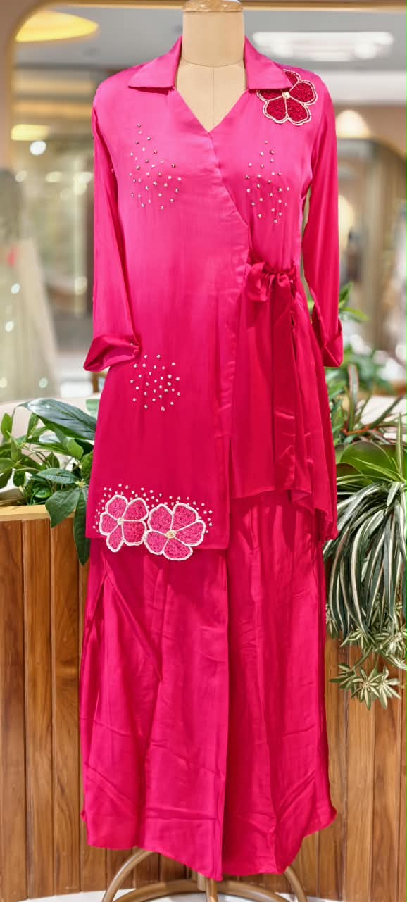Modal Satin Ombre Shade Stylish Side Knot Collar Style Sequin Scattered Co-Ord Set- 16636