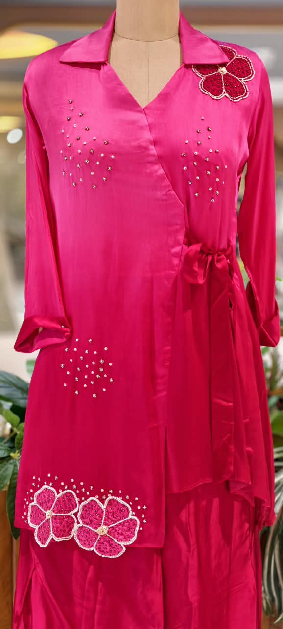 Modal Satin Ombre Shade Stylish Side Knot Collar Style Sequin Scattered Co-Ord Set- 16636