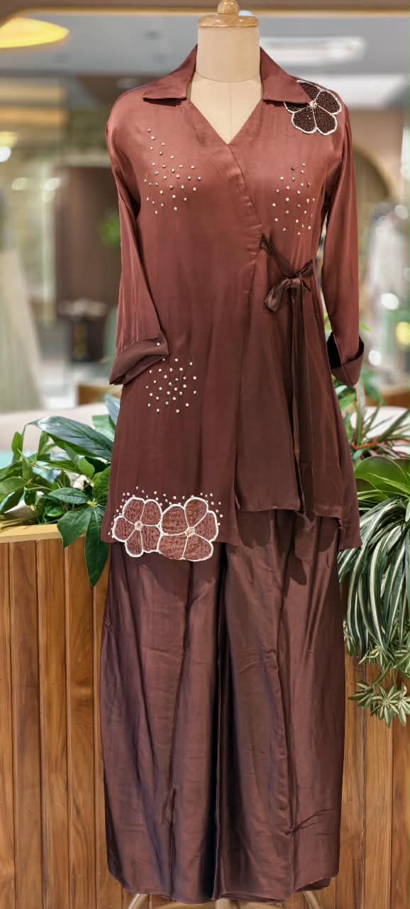 Modal Satin Ombre Shade Stylish Side Knot Collar Style Sequin Scattered Co-Ord Set- 16636