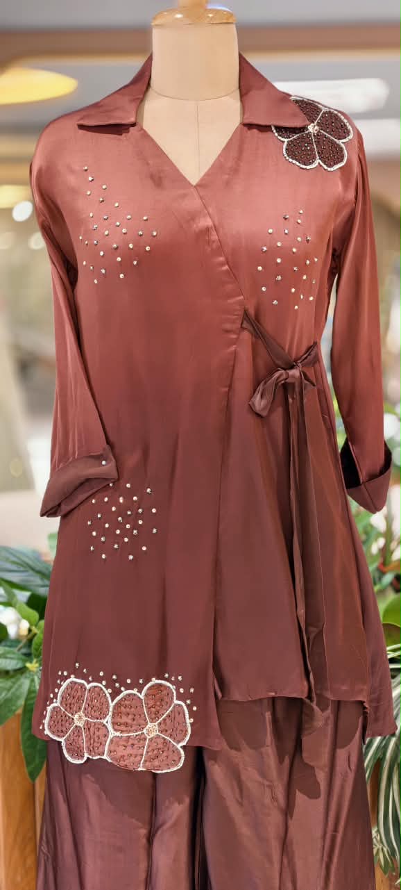 Modal Satin Ombre Shade Stylish Side Knot Collar Style Sequin Scattered Co-Ord Set- 16636