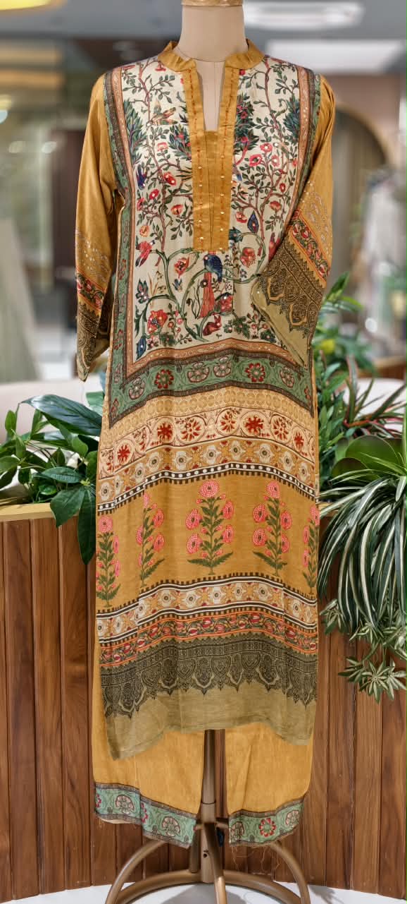 Figure Gardenia Rich Digital Print Mustard Elegance Long Length Kurta Pant Set- 16588
