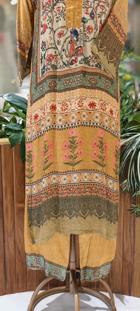 Figure Gardenia Rich Digital Print Mustard Elegance Long Length Kurta Pant Set- 16588