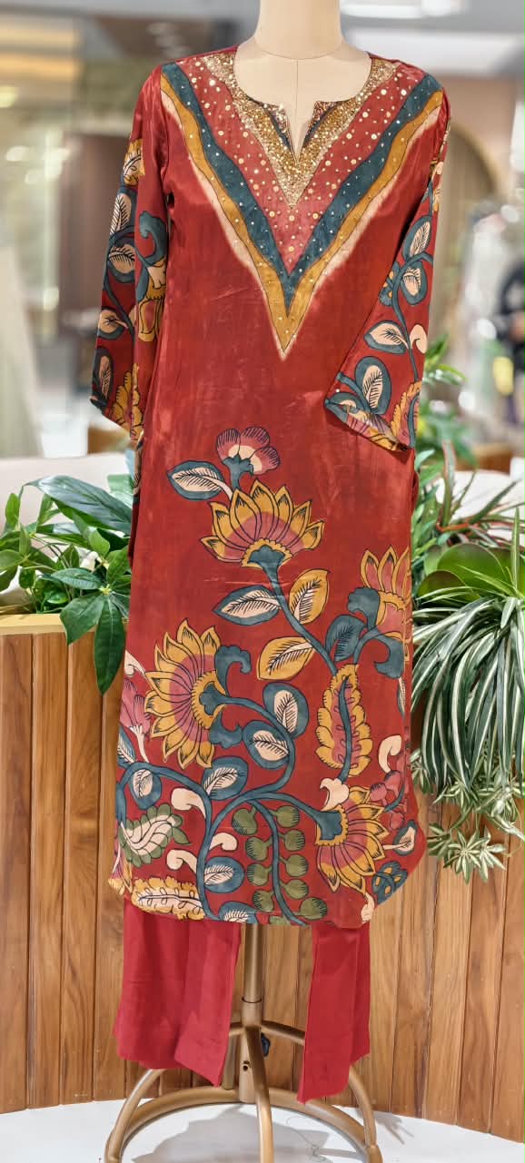 Flowy Crepe Kalamkari Print Sequin Touch Straight Full Suit Set With Dupatta- 16646