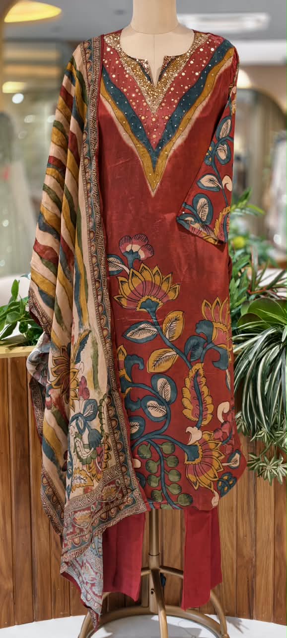 Flowy Crepe Kalamkari Print Sequin Touch Straight Full Suit Set With Dupatta- 16646