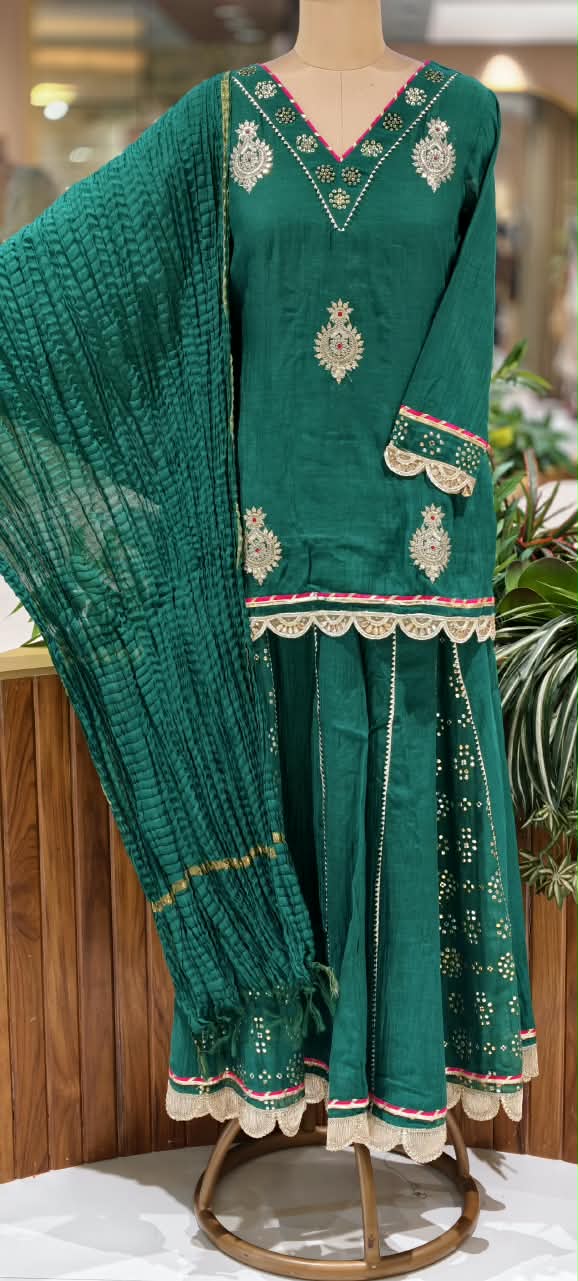 Pure Mul Chanderi Cut-Work Zardosi Embroidered Short Kurta with Flared Kali Panel Palazzo & Dupatta-16590