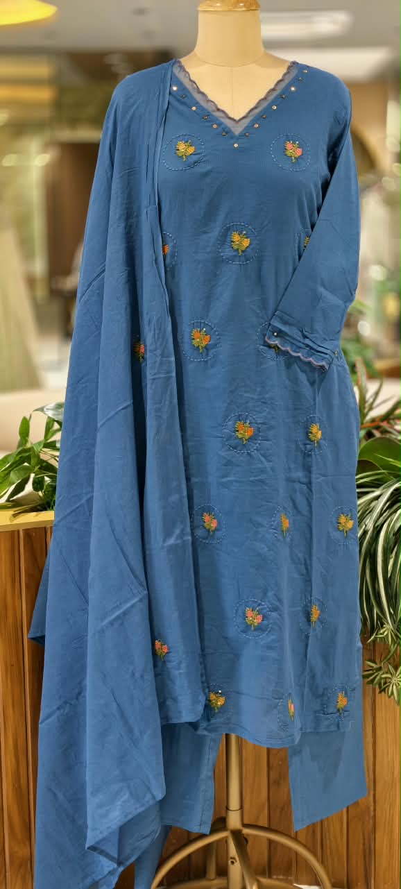 Silly Cotton Intricate Floral Thread Circle Embroidered V-Neck Full Suit Set With Dupatta- 16676