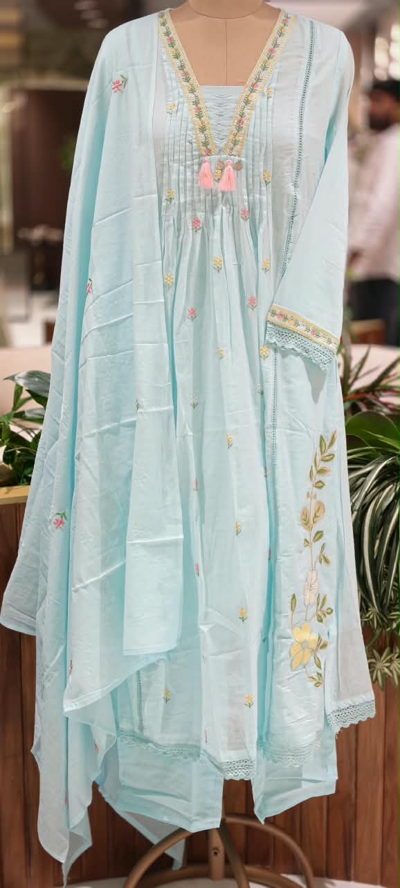Pastel Shade Cute Floral Thread Embroidered Pleated Mul Cotton A-Line  Full Suit Set with Dupatta- 16674