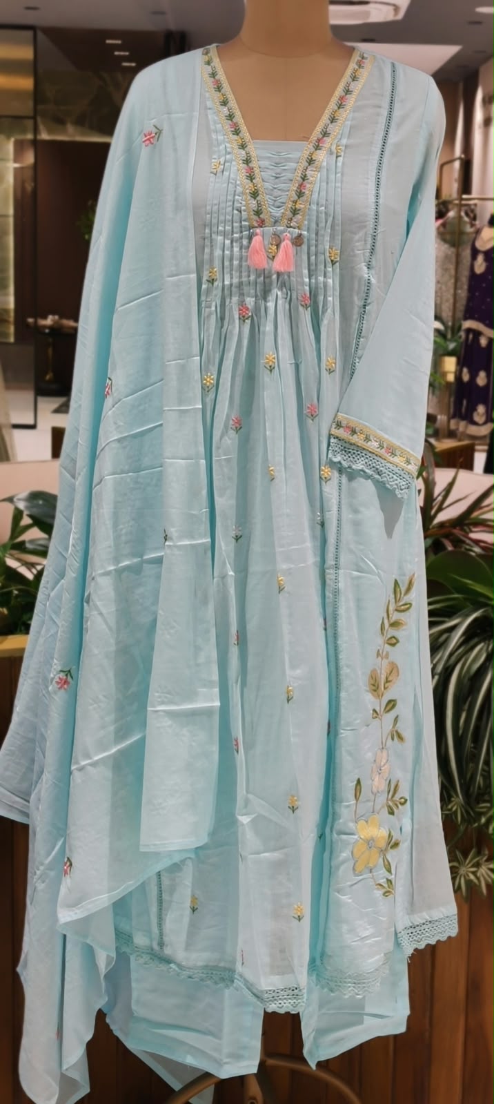 Pastel Shade Cute Floral Thread Embroidered Pleated Mul Cotton A-Line  Full Suit Set with Dupatta- 16674