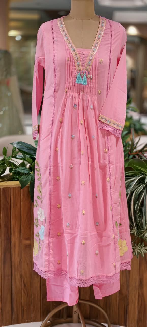 Pastel Shade Cute Floral Thread Embroidered Pleated Mul Cotton A-Line  Full Suit Set with Dupatta- 16674