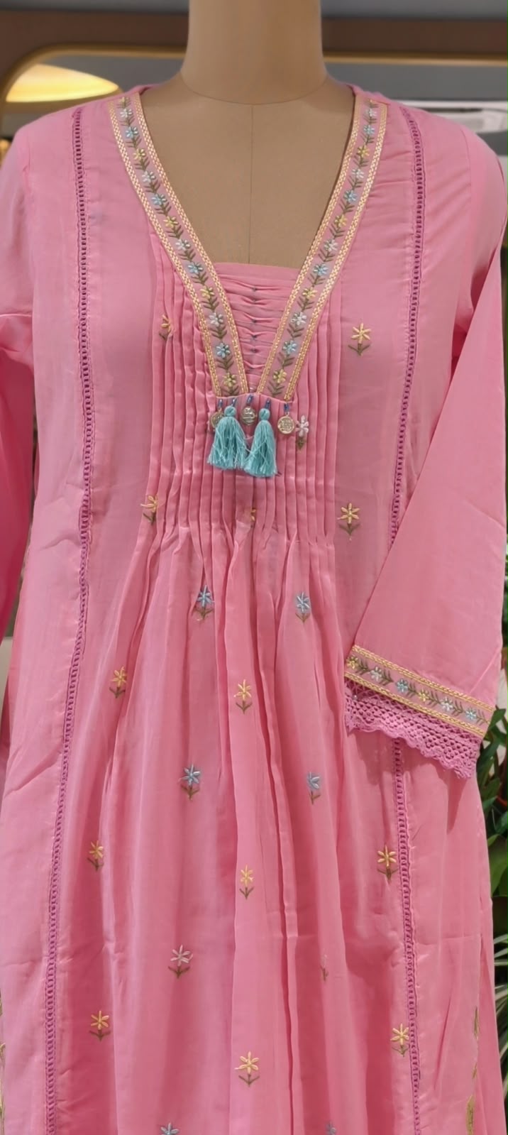 Pastel Shade Cute Floral Thread Embroidered Pleated Mul Cotton A-Line  Full Suit Set with Dupatta- 16674