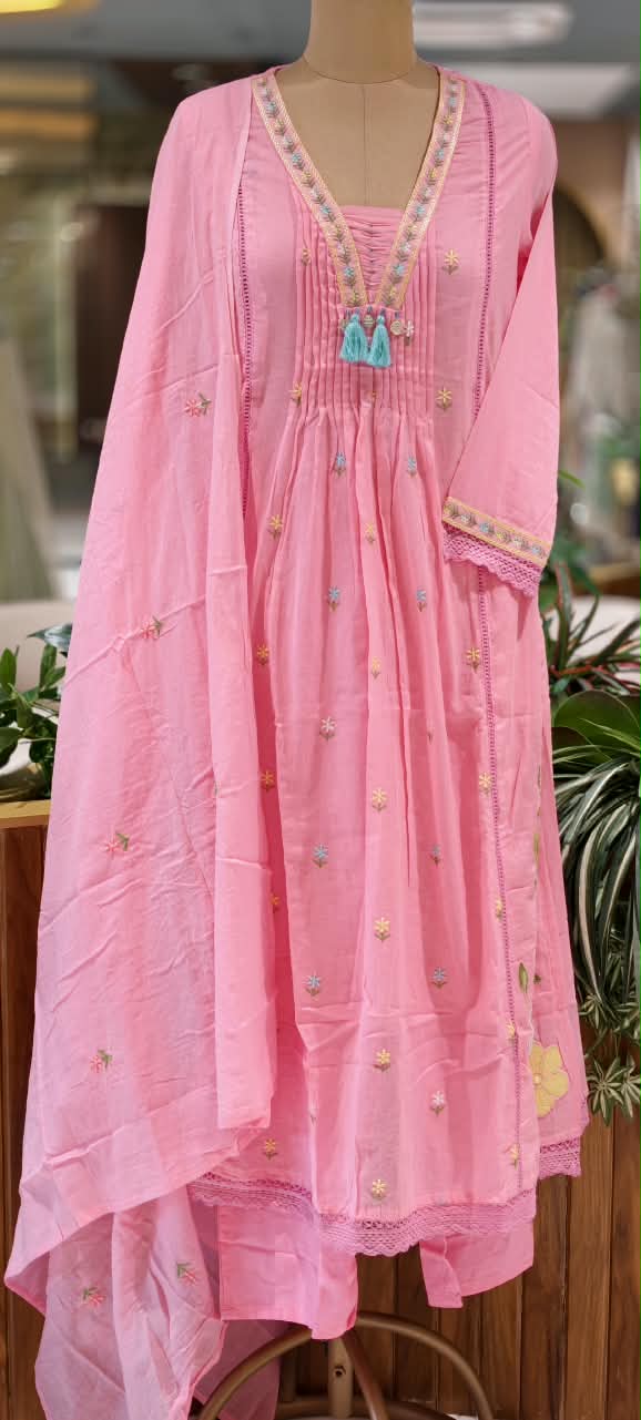 Pastel Shade Cute Floral Thread Embroidered Pleated Mul Cotton A-Line  Full Suit Set with Dupatta- 16674