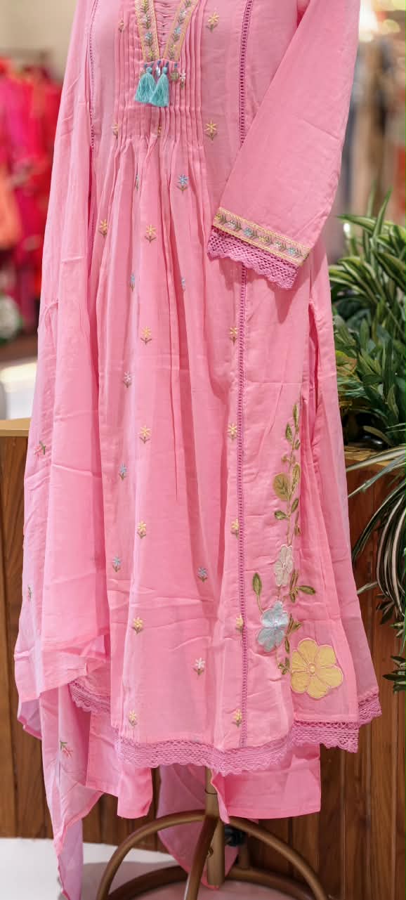 Pastel Shade Cute Floral Thread Embroidered Pleated Mul Cotton A-Line  Full Suit Set with Dupatta- 16674