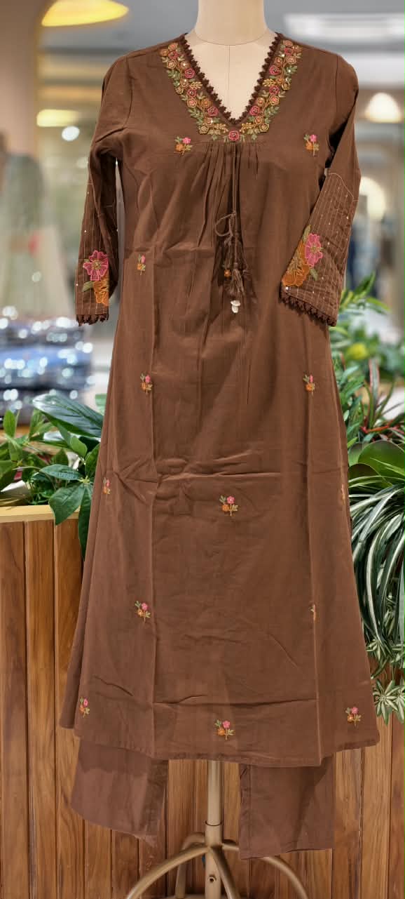 Silly Cotton Intricate Embroidery Over Neckline & Sleeves A-Line Cotton Full Suit Set With Dupatta- -16675