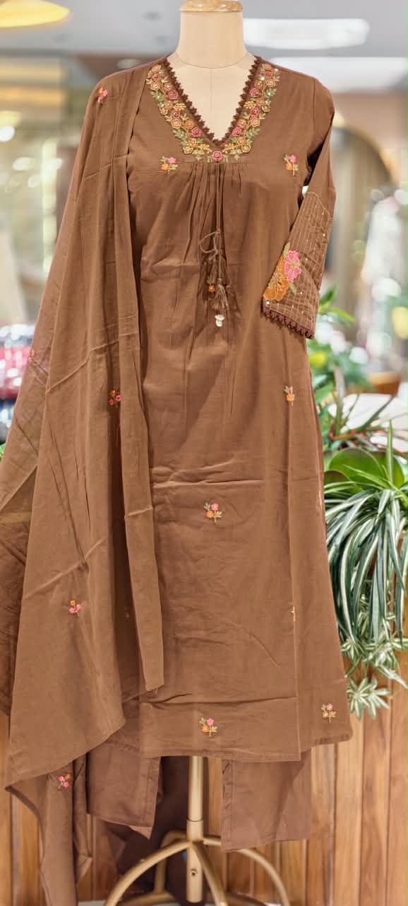 Silly Cotton Intricate Embroidery Over Neckline & Sleeves A-Line Cotton Full Suit Set With Dupatta- -16675