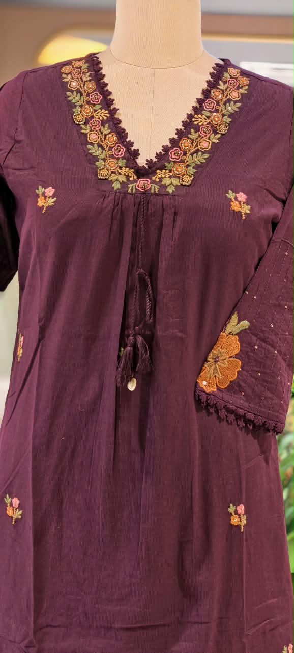 Silly Cotton Intricate Embroidery Over Neckline & Sleeves A-Line Cotton Full Suit Set With Dupatta- -16675