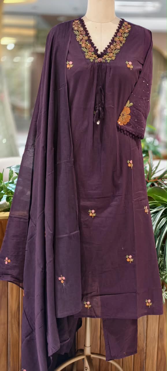 Silly Cotton Intricate Embroidery Over Neckline & Sleeves A-Line Cotton Full Suit Set With Dupatta- -16675