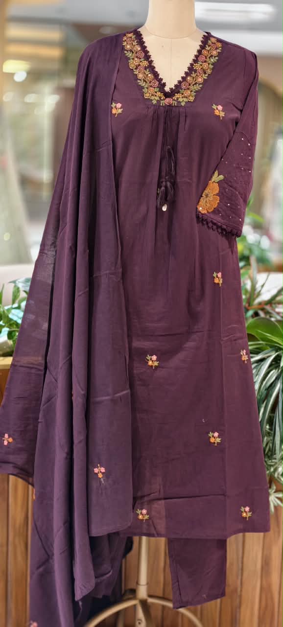 Silly Cotton Intricate Embroidery Over Neckline & Sleeves A-Line Cotton Full Suit Set With Dupatta- -16675