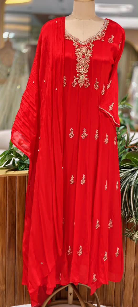 Chinon Party Wear Anarkali Full Suit Set With Dupatta With Elegant Hand Detailing Embroidery- 16669