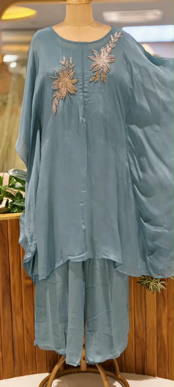 Chinon Metallic 3D Embroidered Kaftan with Inner and Matching Bottom- 16465