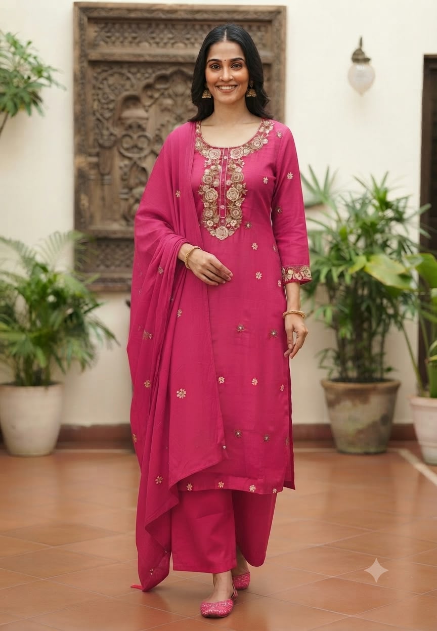 Floral Thread Embroidered with Mirror Work Surat Mul-Chandri Full Suit Set With Dupatta- 16678