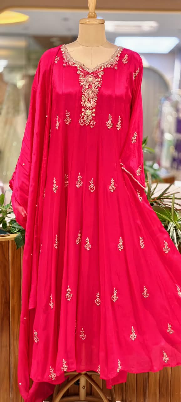 Chinon Party Wear Anarkali Full Suit Set With Dupatta With Elegant Hand Detailing Embroidery- 16669