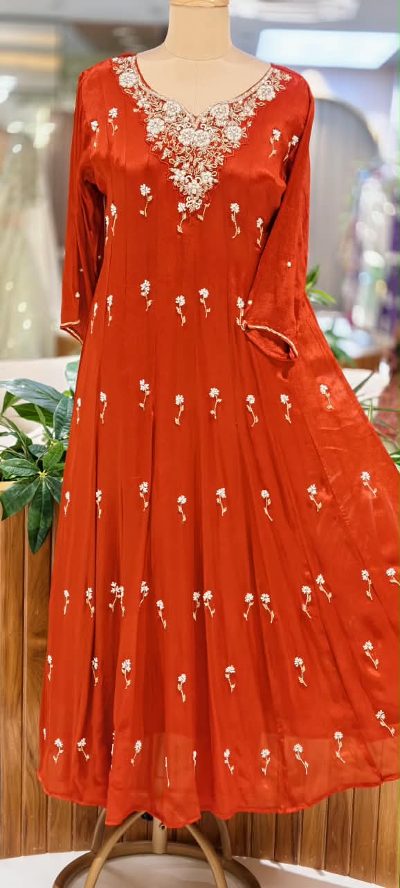 Pearl Embroidery Kali Cut Panel Anarkali Party Wear Full Set with Dupatta in Chinon Fabric- 16668