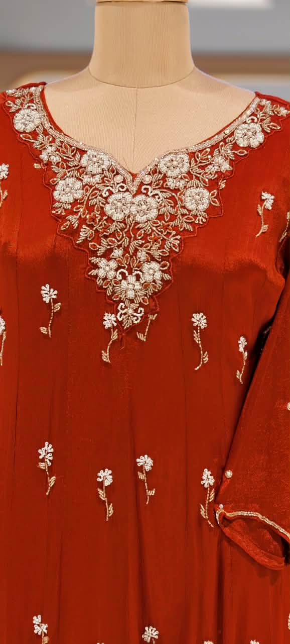 Pearl Embroidery Kali Cut Panel Anarkali Party Wear Full Set with Dupatta in Chinon Fabric- 16668