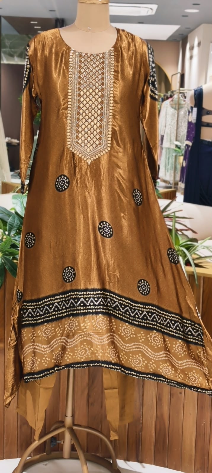 Pure Gajji Silk Bandhani Print Embroidered Neck Full Suit With Gajji Silk Dupatta and Bottom- 16685