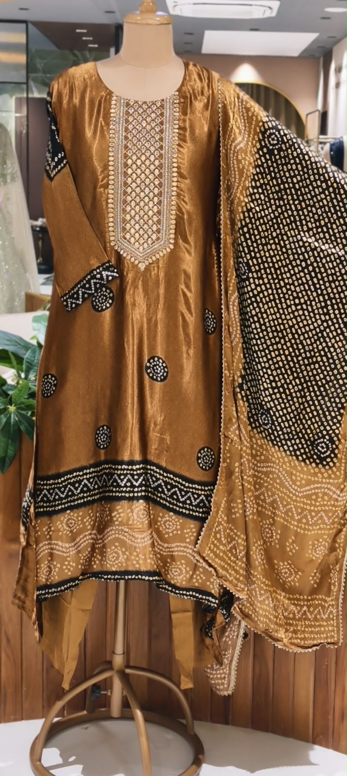 Pure Gajji Silk Bandhani Print Embroidered Neck Full Suit With Gajji Silk Dupatta and Bottom- 16685