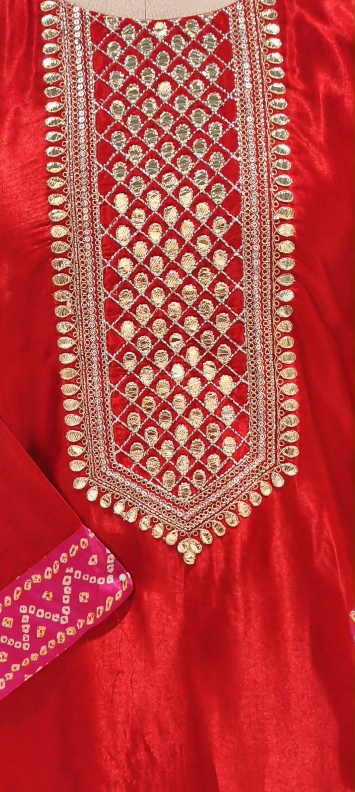 Pure Gajji Silk Bandhani Print Embroidered Neck Full Suit With Gajji Silk Dupatta and Bottom- 16685