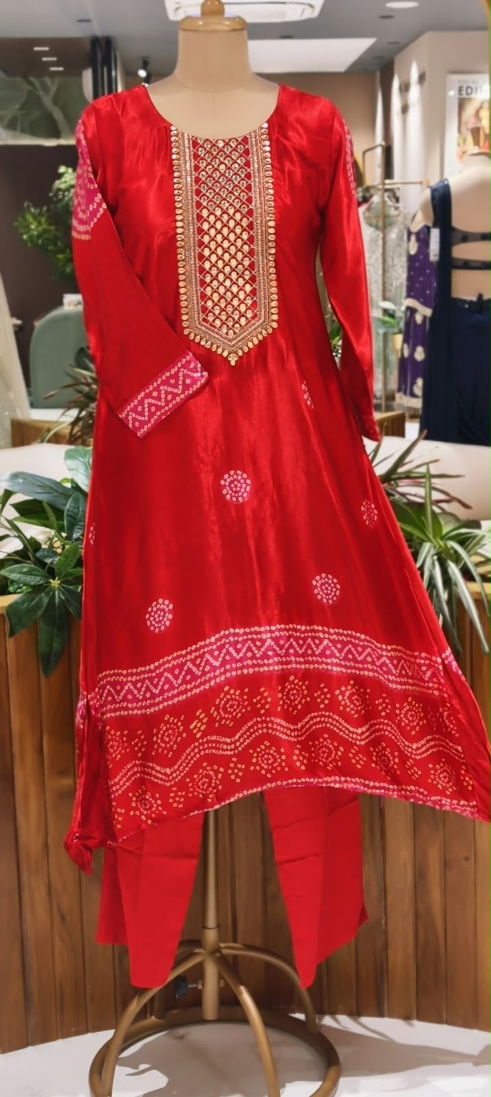 Pure Gajji Silk Bandhani Print Embroidered Neck Full Suit With Gajji Silk Dupatta and Bottom- 16685