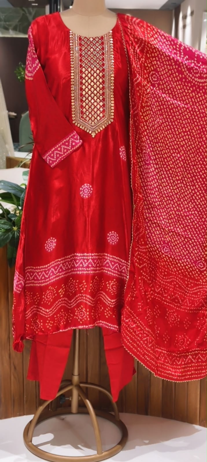 Pure Gajji Silk Bandhani Print Embroidered Neck Full Suit With Gajji Silk Dupatta and Bottom- 16685