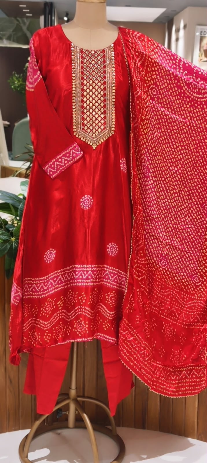 Pure Gajji Silk Bandhani Print Embroidered Neck Full Suit With Gajji Silk Dupatta and Bottom- 16685