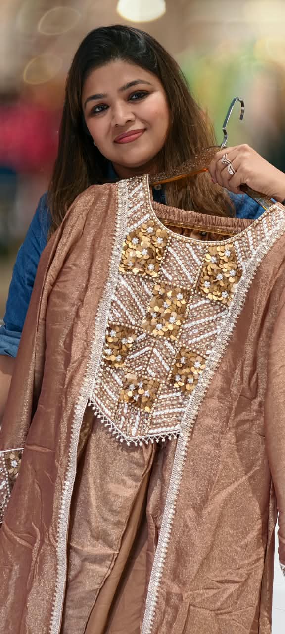 Embroidered Yoke Stylish Sleeves Tissue Fabric Indo-Western Top With Loose Bottom- 16726