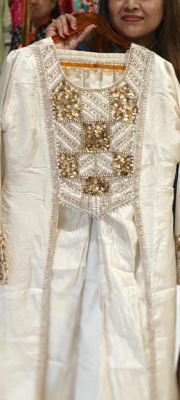Embroidered Yoke Stylish Sleeves Tissue Fabric Indo-Western Top With Loose Bottom- 16726