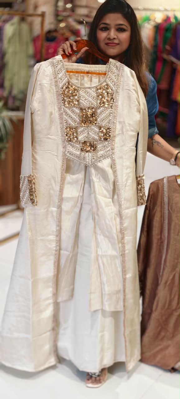Embroidered Yoke Stylish Sleeves Tissue Fabric Indo-Western Top With Loose Bottom- 16726