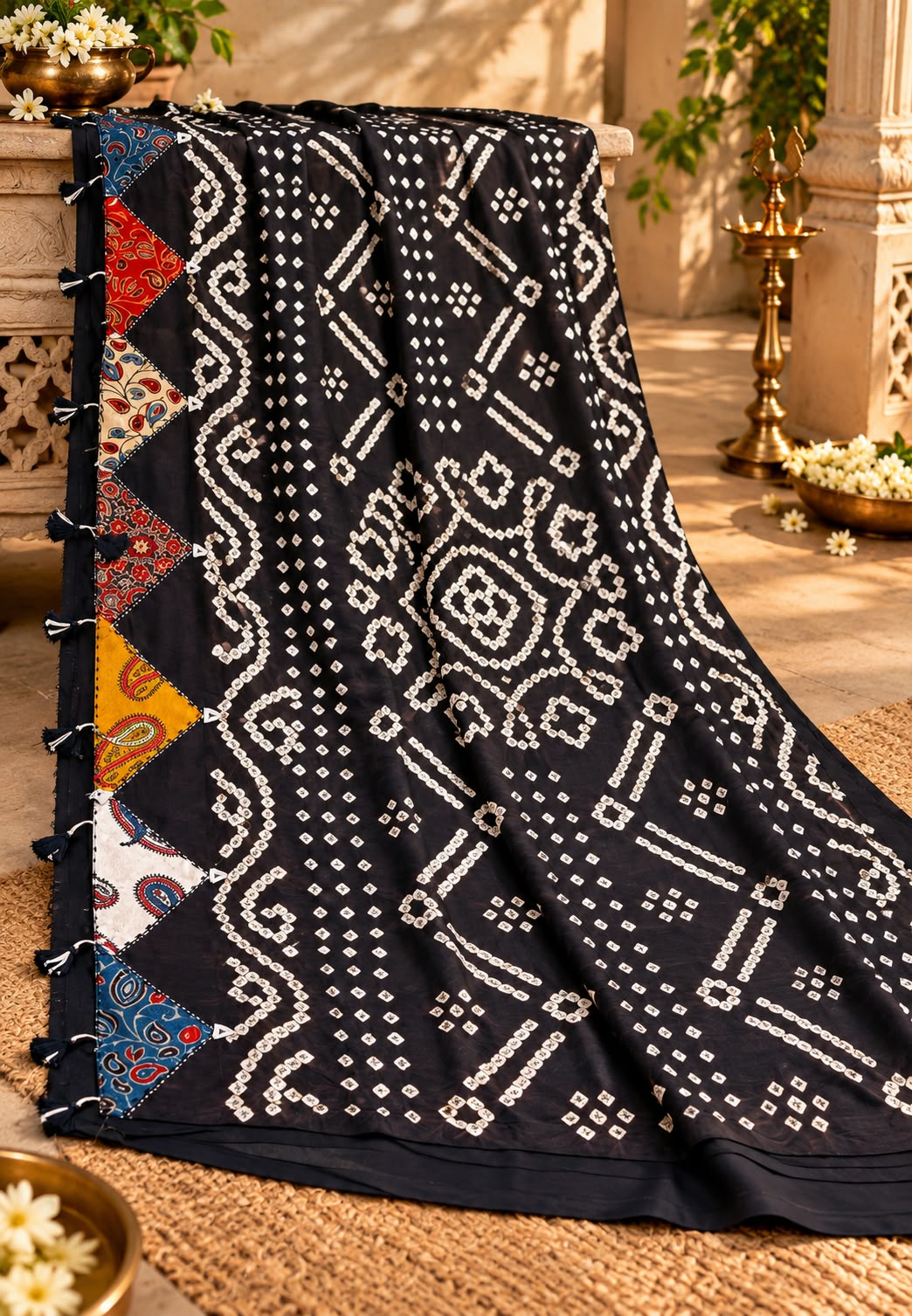 Elegant Mudal Muslin Saree with Handcrafted Ajrak Print Patchwork Detailing & Unstitched Blouse Piece-16648