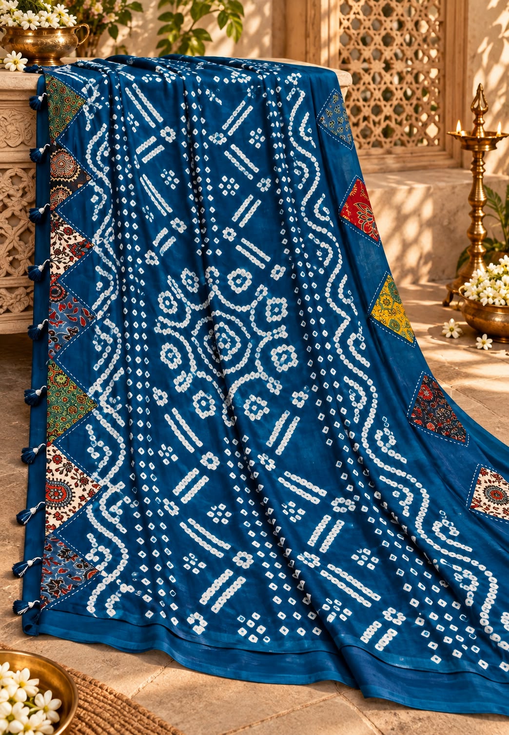 Elegant Mudal Muslin Saree with Handcrafted Ajrak Print Patchwork Detailing & Unstitched Blouse Piece-16648