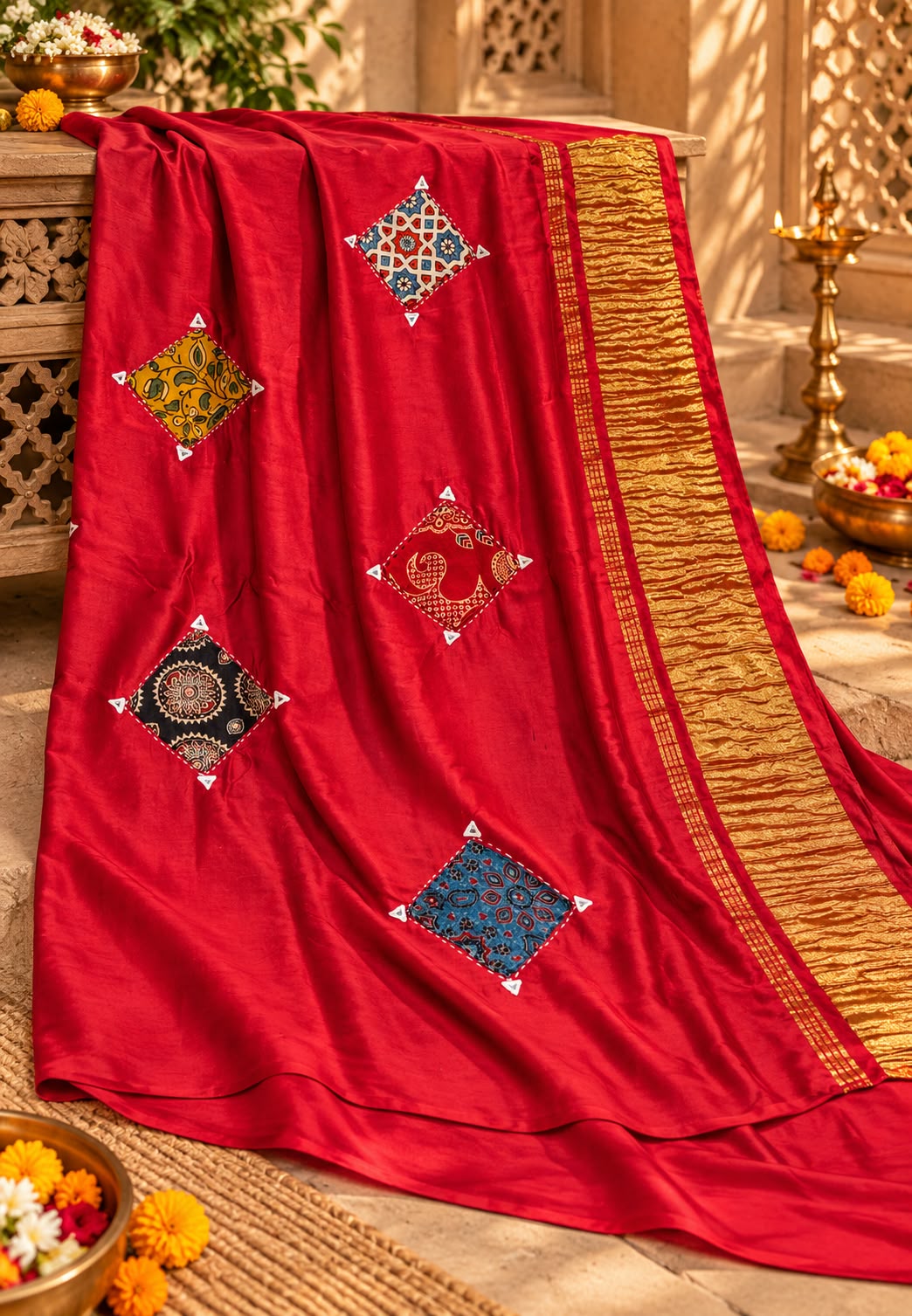 Elegant Mural Satin Saree with Artisanal Patchwork Detailing & Unstitched Blouse-16647