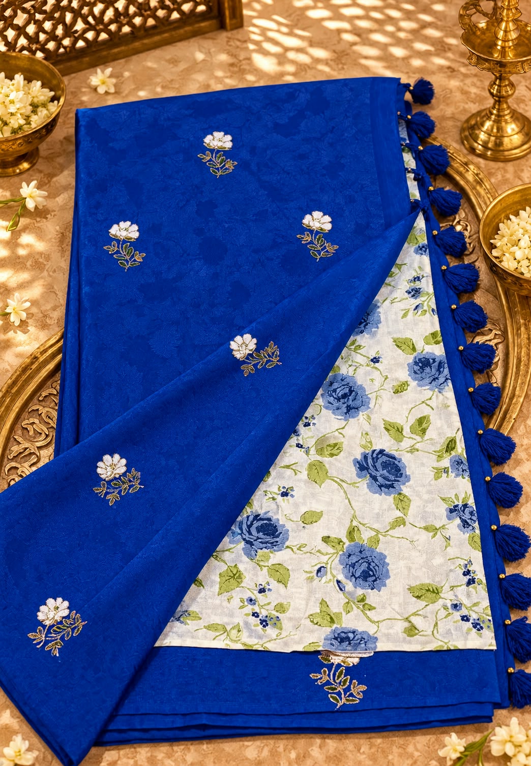Royal Blue Handloom Saree with Floral Embroidery, Contrast Printed Blouse & Statement Tassel Detailing-16611