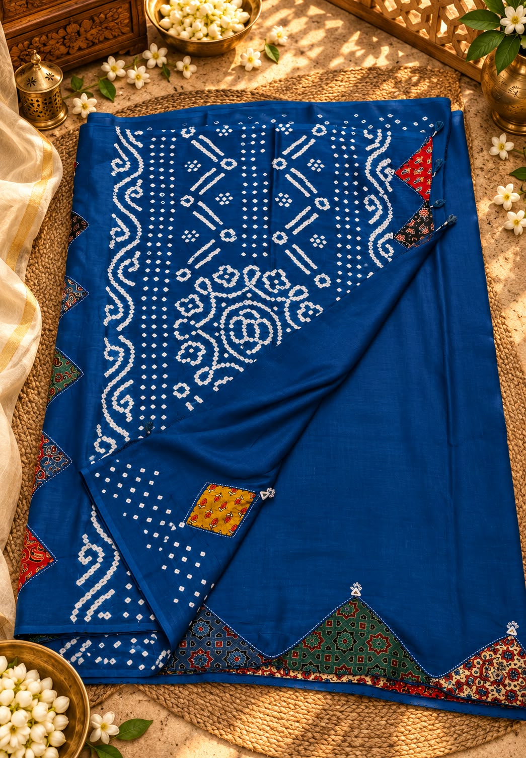 Elegant Mudal Muslin Saree with Handcrafted Ajrak Print Patchwork Detailing & Unstitched Blouse Piece-16648