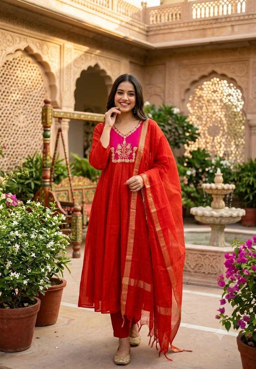 Twin Shade Contrast Yoke Embroidered Surat Mul-Chanderi Panel Anarkali Full Suit Set With Dupatta- 16709