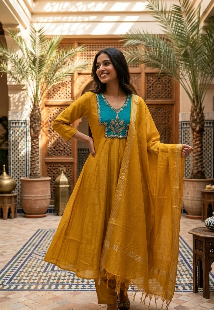 Twin Shade Contrast Yoke Embroidered Surat Mul-Chanderi Panel Anarkali Full Suit Set With Dupatta- 16709