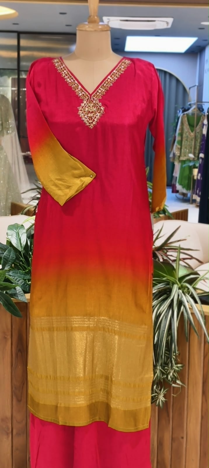 Mirror Embroidered Neck Dual Tone Russian Silk Zari Border Full Suit Set with Ikkat Dupatta- 16710