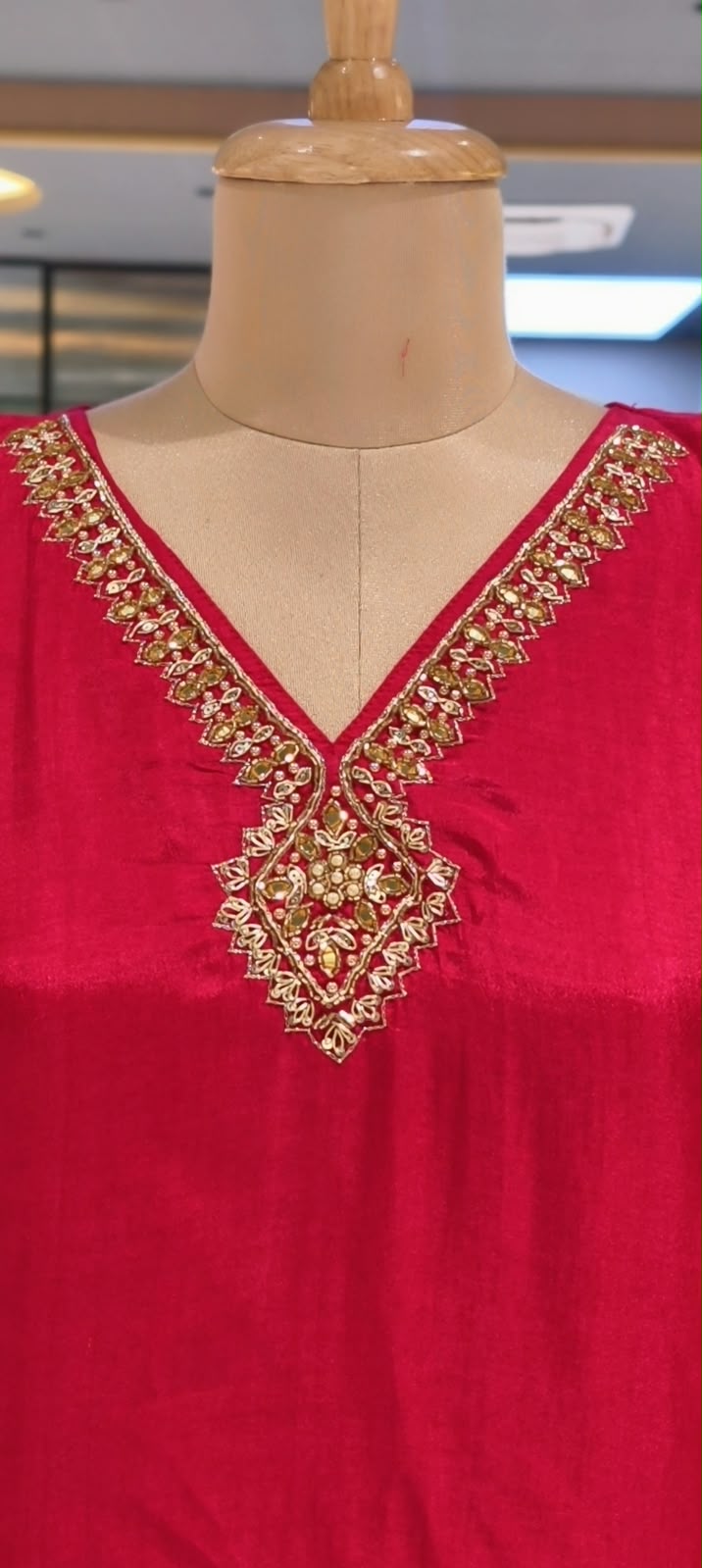 Mirror Embroidered Neck Dual Tone Russian Silk Zari Border Full Suit Set with Ikkat Dupatta- 16710