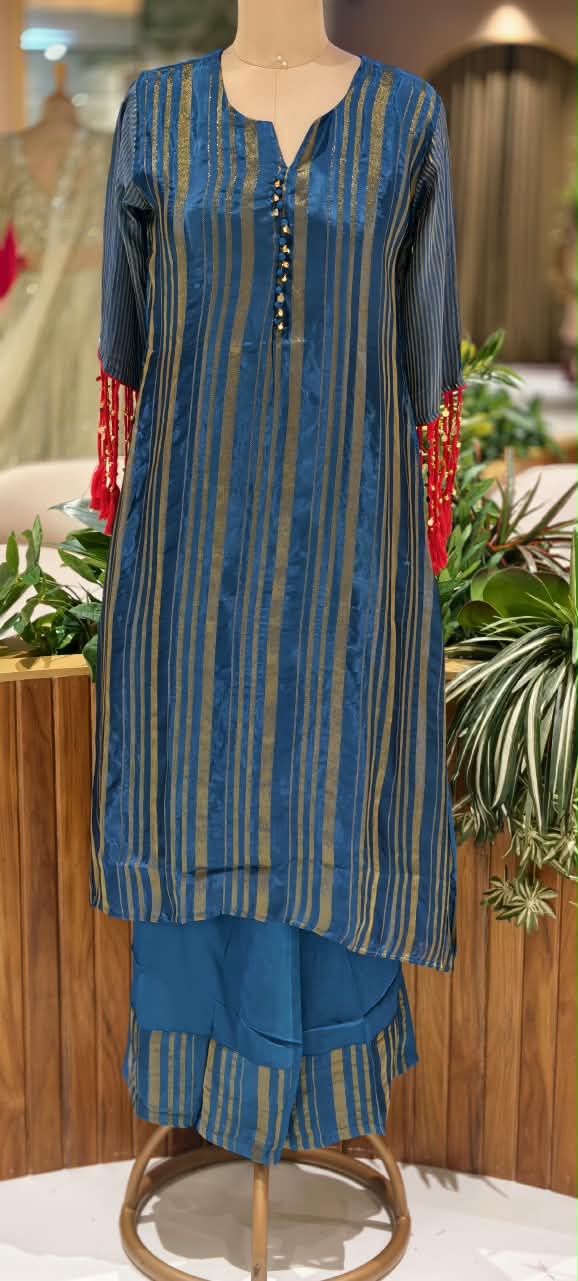 Elegant Striped Ethnic Full Suit Set with Metallic Gold Lines and Stylish Button Detailed with Latkans in Sleeves- 16718