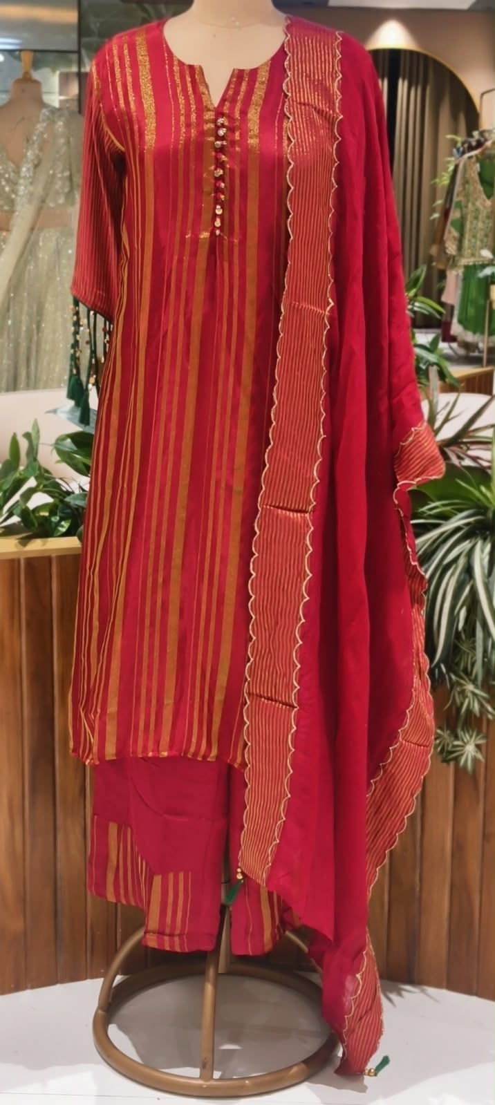 Elegant Striped Ethnic Full Suit Set with Metallic Gold Lines and Stylish Button Detailed with Latkans in Sleeves- 16718