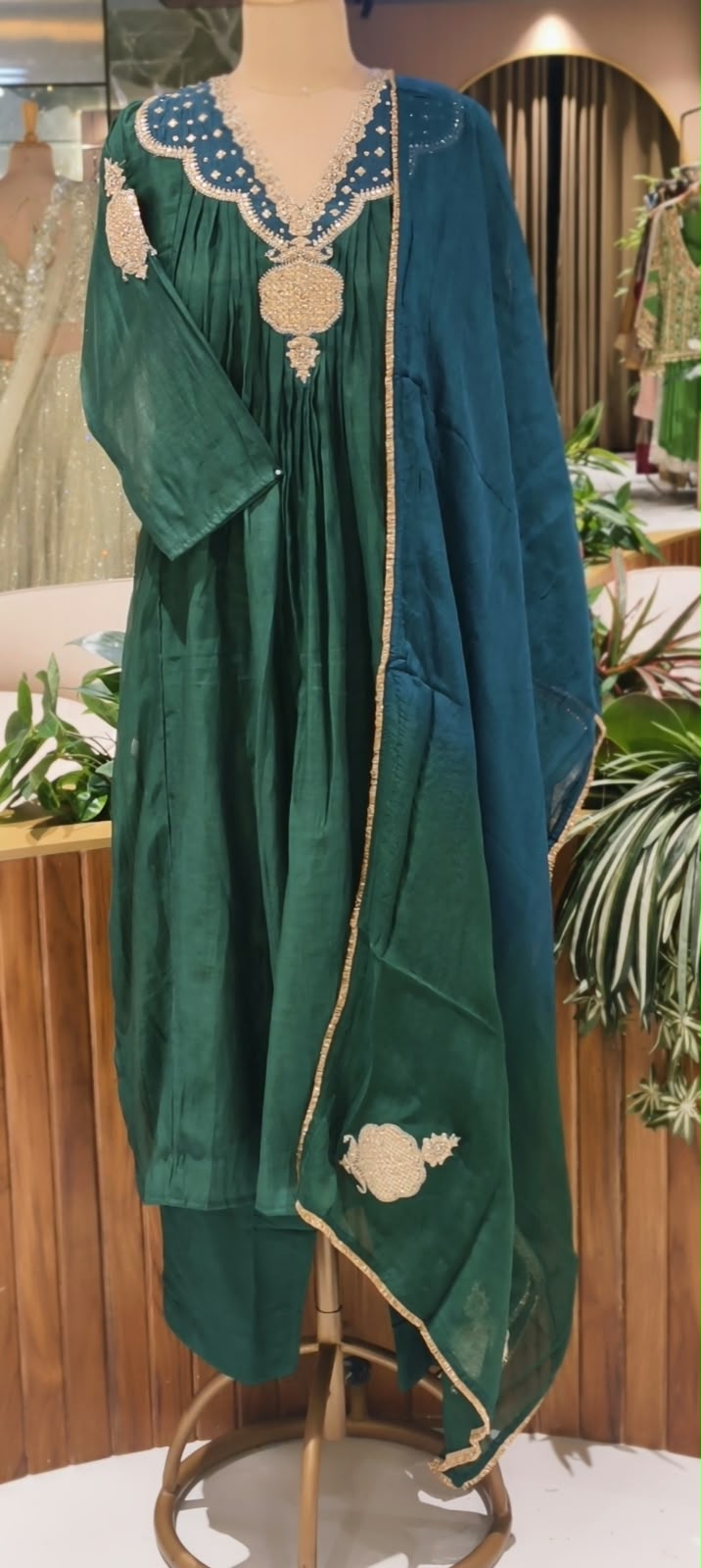 Emerald Green Pure Mul-Chanderi A-line Full Suit Set With Designer Yoke, Scalloped Neckline and Statement Sleeve Detailing- 16719